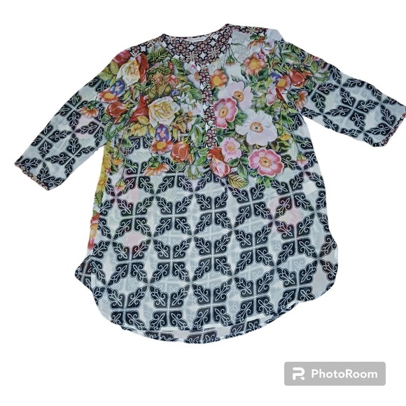 Soft Surroundings Women's Petite‎ Small Floral Print Tunic Button Sheer Top Boho - Picture 1 of 9